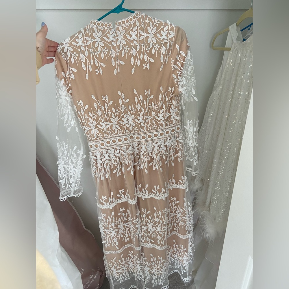 Beautiful white lace bridal dress for shower, rehearsal, or bachelorette party!